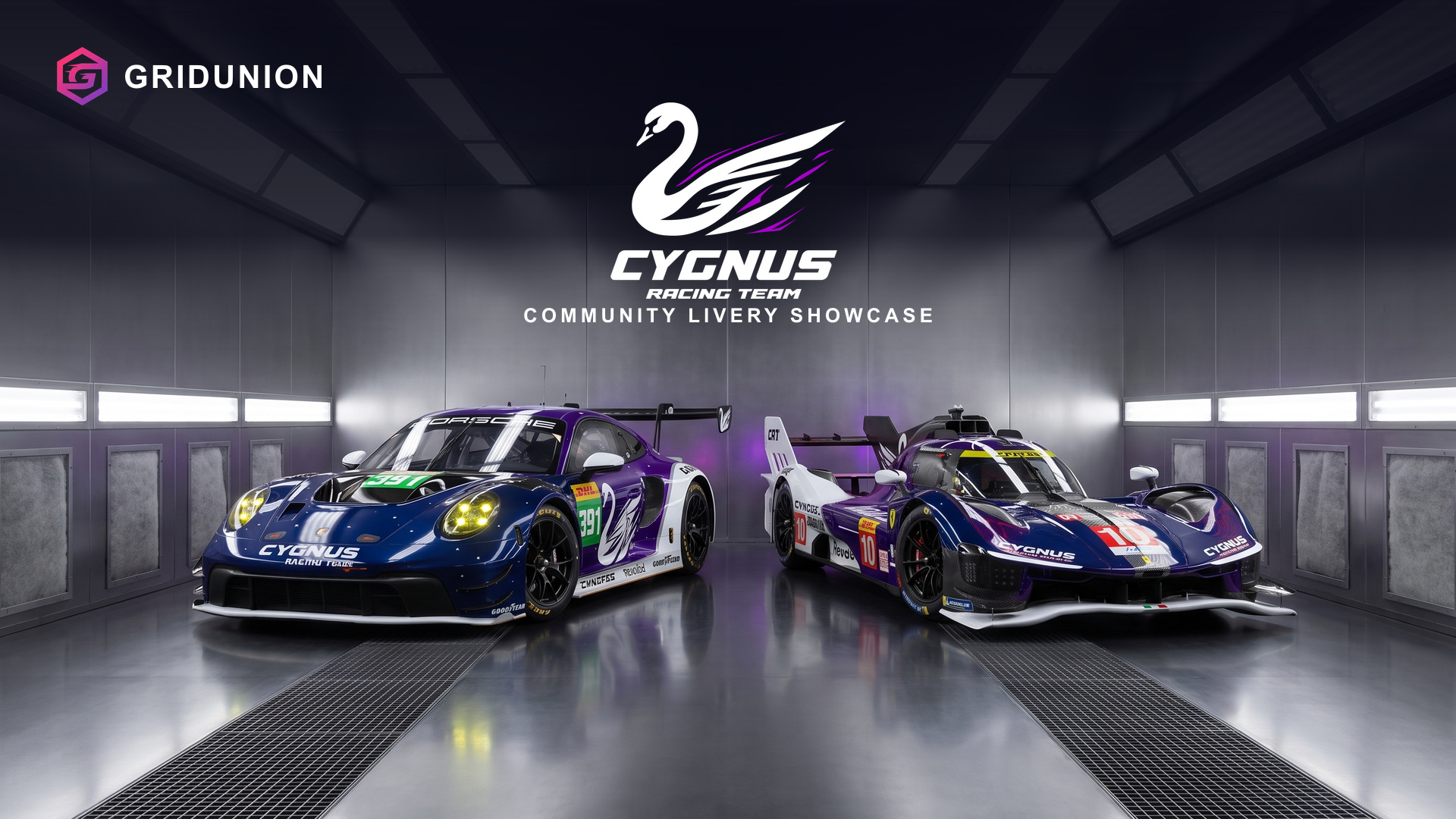 Cygnus Porsche 992 LMGT3 and Ferrari 499P together in a paint booth — AI-staged livery showcase